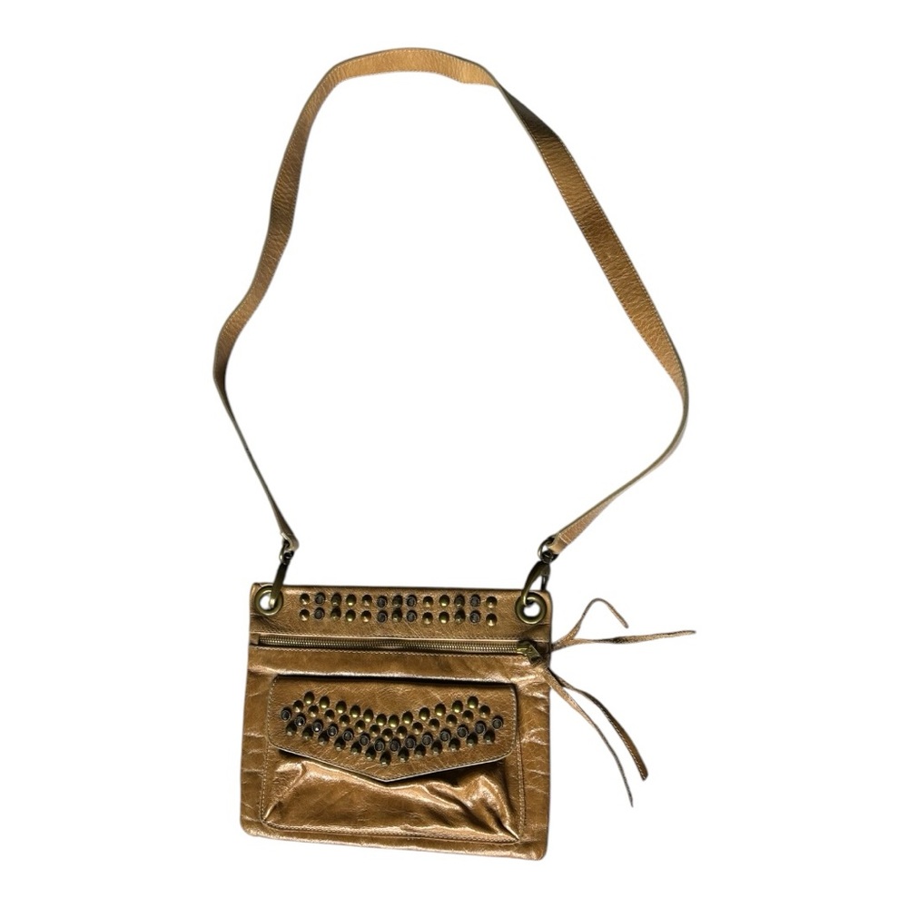 Leatherock made in USA crossbody bag tan leather with metal accents rhinestones